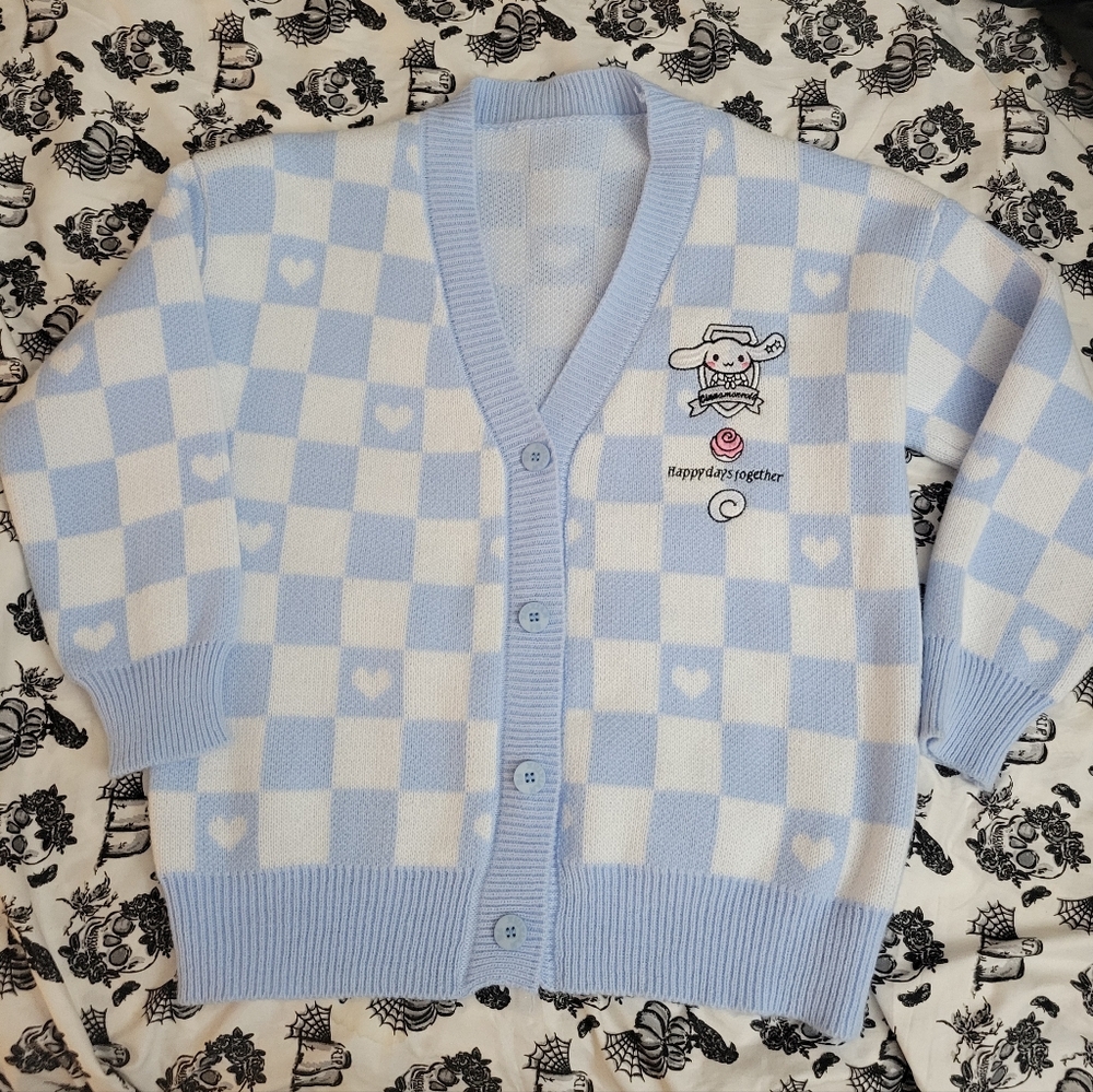 Cute Blue and White Cinnamon Roll Checkered Cardigan